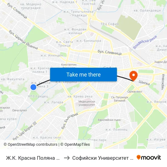 Ж.К. Красна Поляна / Krasna Polyana (0632) to Софийски Университет “Св. Климент Охридски"" map