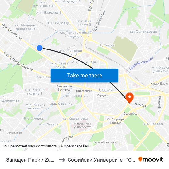 Западен Парк / Zapaden Park (1252) to Софийски Университет “Св. Климент Охридски"" map