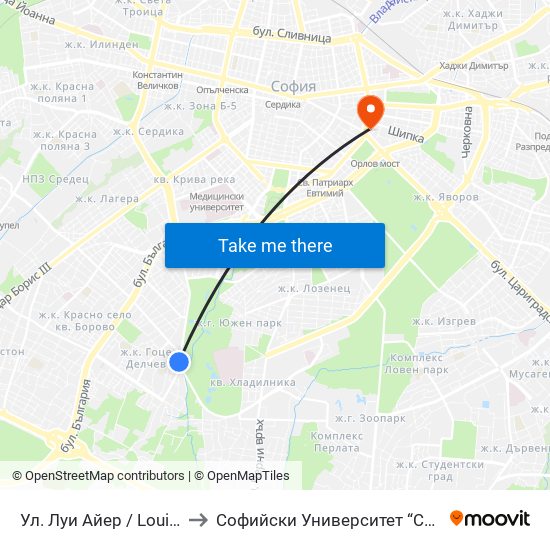 Ул. Луи Айер / Louis Eyer St. (2036) to Софийски Университет “Св. Климент Охридски"" map