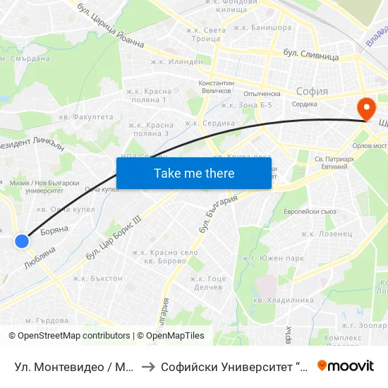Ул. Монтевидео / Montevideo St. (2049) to Софийски Университет “Св. Климент Охридски"" map