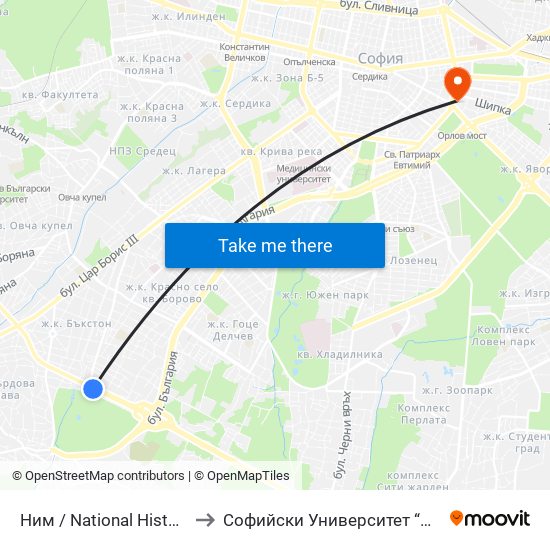 Ним / National History Museum (1464) to Софийски Университет “Св. Климент Охридски"" map