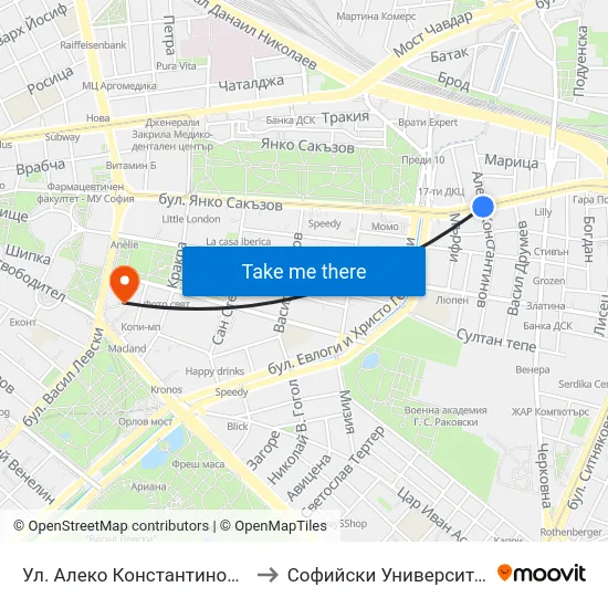 Ул. Алеко Константинов / Aleko Konstantinov St. (1821) to Софийски Университет “Св. Климент Охридски"" map