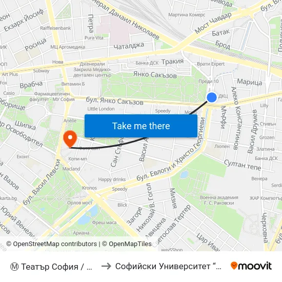 Ⓜ️ Театър София / Sofia Theatre (1725) to Софийски Университет “Св. Климент Охридски"" map