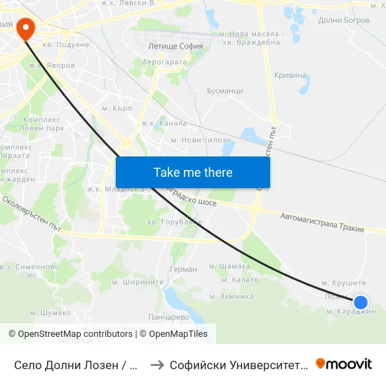 Село Долни Лозен / Dolni Lozen Village (2801) to Софийски Университет “Св. Климент Охридски"" map