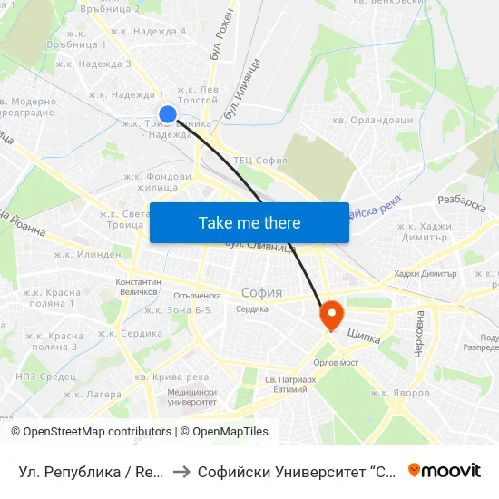 Ул. Република / Republika St. (2808) to Софийски Университет “Св. Климент Охридски"" map