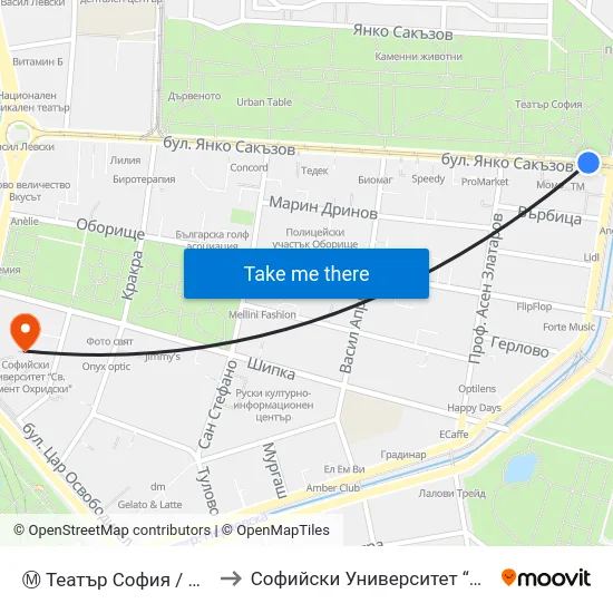 Ⓜ️ Театър София / Sofia Theatre (1726) to Софийски Университет “Св. Климент Охридски"" map