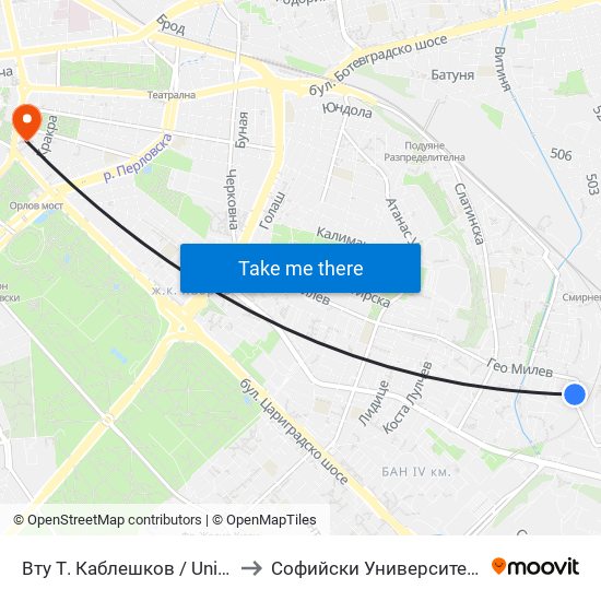 Вту Т. Каблешков / University Of Transport (2014) to Софийски Университет “Св. Климент Охридски"" map