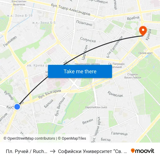 Пл. Ручей / Ruchey Sq. (1303) to Софийски Университет “Св. Климент Охридски"" map