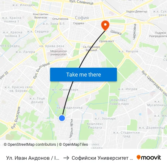 Ул. Иван Андонов / Ivan Andonov St. (1800) to Софийски Университет “Св. Климент Охридски"" map