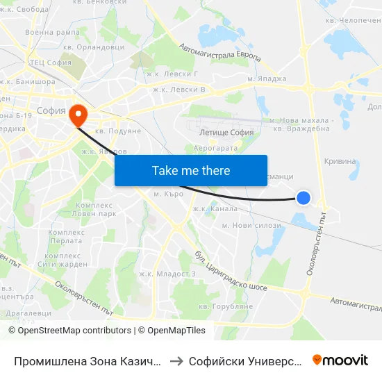 Промишлена Зона Казичене / Industrial Zone Kazichene (1702) to Софийски Университет “Св. Климент Охридски"" map