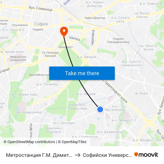 Метростанция Г.М. Димитров / G. M. Dimitrov Metro Station (2679) to Софийски Университет “Св. Климент Охридски"" map