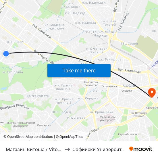 Магазин Витоша / Vitosha Department Store (1703) to Софийски Университет “Св. Климент Охридски"" map