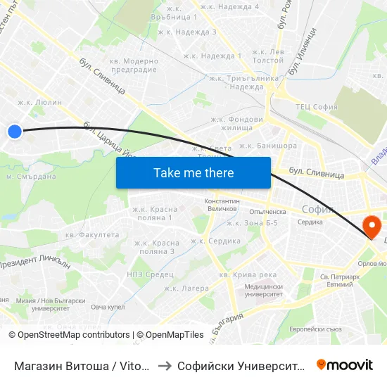Магазин Витоша / Vitosha Department Store (1703) to Софийски Университет “Св. Климент Охридски"" map