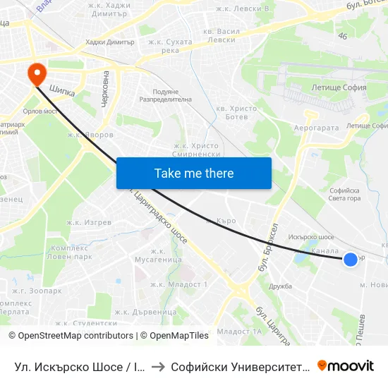 Ул. Искърско Шосе / Iskarsko Shose St. (2582) to Софийски Университет “Св. Климент Охридски"" map