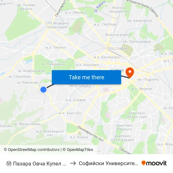 Ⓜ️ Пазара Овча Купел / Ovcha Kupel Market (1706) to Софийски Университет “Св. Климент Охридски"" map