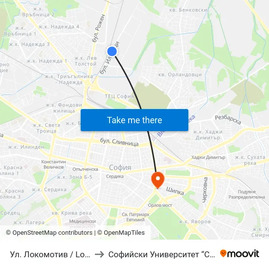 Ул. Локомотив / Lokomotiv St. (1000) to Софийски Университет “Св. Климент Охридски"" map