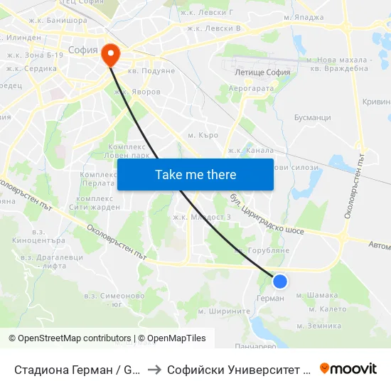 Стадиона Герман / German Stadium (1039) to Софийски Университет “Св. Климент Охридски"" map