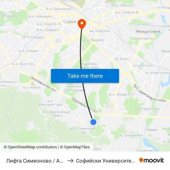 🚠 Лифта Симеоново / Aerial Lift Simeonovo (1011) to Софийски Университет “Св. Климент Охридски"" map