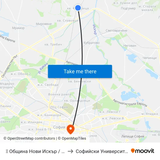 👋 Община Нови Искър / Municipality Of Novi Iskar (0956) to Софийски Университет “Св. Климент Охридски"" map