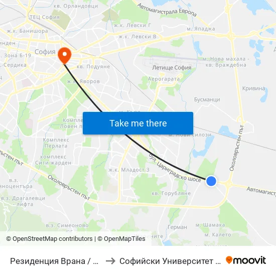 Резиденция Врана / Vrana Residence (1466) to Софийски Университет “Св. Климент Охридски"" map