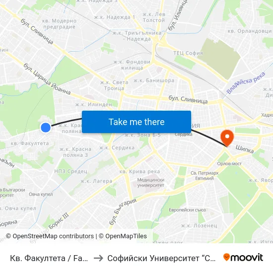 Кв. Факултета / Fakulteta Qr. (1228) to Софийски Университет “Св. Климент Охридски"" map