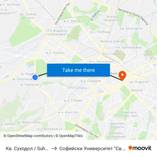 Кв. Суходол / Suhodol Qr. (1170) to Софийски Университет “Св. Климент Охридски"" map
