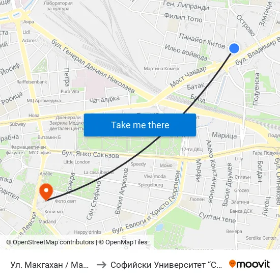 Ул. Макгахан / Macgahan St. (2041) to Софийски Университет “Св. Климент Охридски"" map