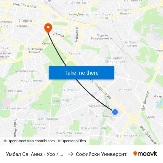Умбал Св. Анна - Ухо / St. Anna Hospital - Loop (1197) to Софийски Университет “Св. Климент Охридски"" map