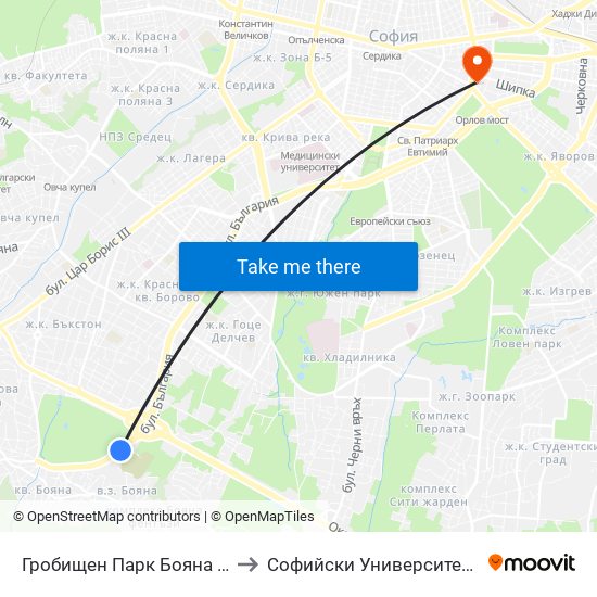 Гробищен Парк Бояна / Boyana Cemetery (0263) to Софийски Университет “Св. Климент Охридски"" map