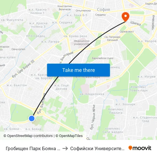 👋 Гробищен Парк Бояна / Boyana Cemetery (0263) to Софийски Университет “Св. Климент Охридски"" map