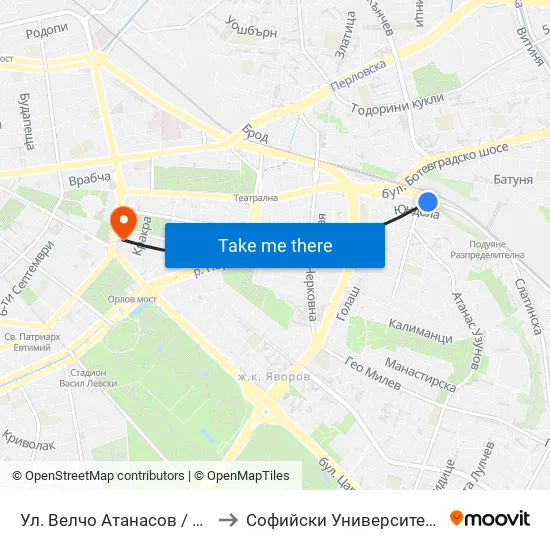 Ул. Велчо Атанасов / Velcho Atanasov St. (1867) to Софийски Университет “Св. Климент Охридски"" map
