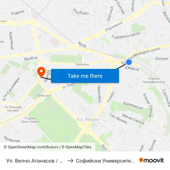 Ул. Велчо Атанасов / Velcho Atanasov St. (1866) to Софийски Университет “Св. Климент Охридски"" map