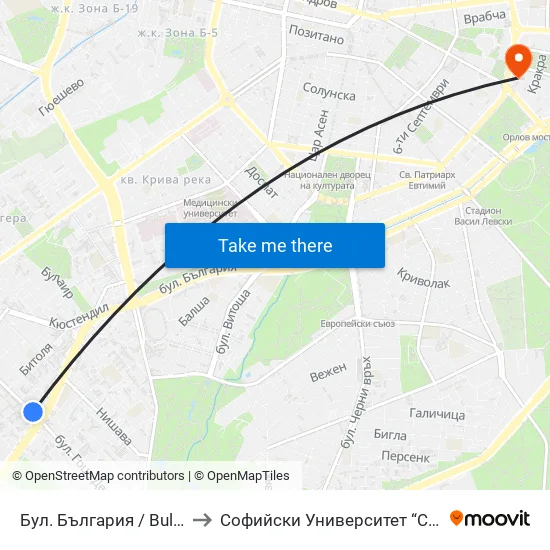 Бул. България / Bulgaria Blvd. (0290) to Софийски Университет “Св. Климент Охридски"" map