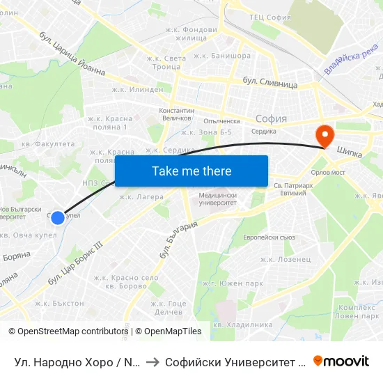 Ул. Народно Хоро / Narodno Horo St. (2057) to Софийски Университет “Св. Климент Охридски"" map
