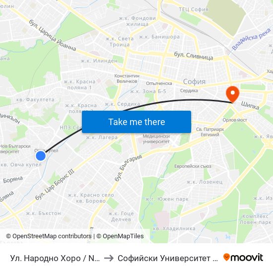 Ул. Народно Хоро / Narodno Horo St. (2054) to Софийски Университет “Св. Климент Охридски"" map