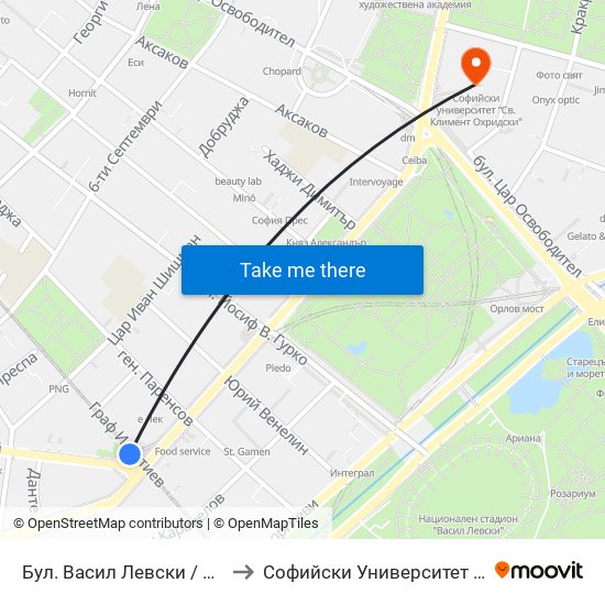 Бул. Васил Левски / Vasil Levski Blvd. (0299) to Софийски Университет “Св. Климент Охридски"" map