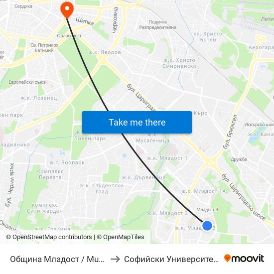 Община Младост / Municipality Of Mladost (0945) to Софийски Университет “Св. Климент Охридски"" map