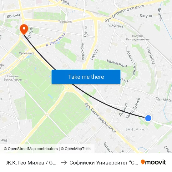 🚌🎓 Ж.К. Гео Милев / Geo Milev Qr. (0597) to Софийски Университет “Св. Климент Охридски"" map