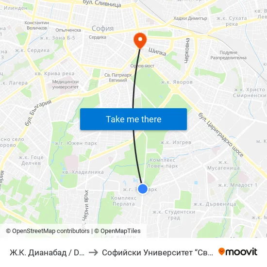 Ж.К. Дианабад / Dianabad (0602) to Софийски Университет “Св. Климент Охридски"" map
