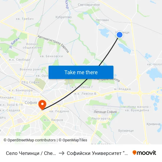 Село Чепинци / Chepintsi Village (1562) to Софийски Университет “Св. Климент Охридски"" map