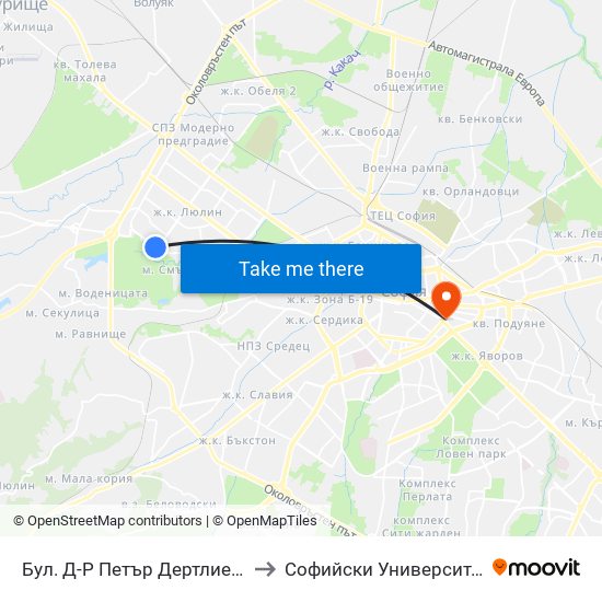 Бул. Д-Р Петър Дертлиев / Dr. Petar Dertliev Blvd. (0322) to Софийски Университет “Св. Климент Охридски"" map