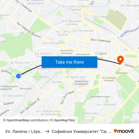 Ул. Лиляче / Lilyache St. (2031) to Софийски Университет “Св. Климент Охридски"" map