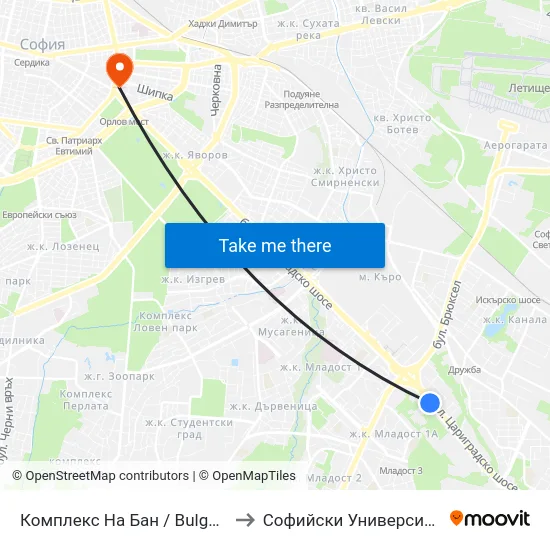 Комплекс На Бан / Bulgarian Academy Of Sciences (0084) to Софийски Университет “Св. Климент Охридски"" map