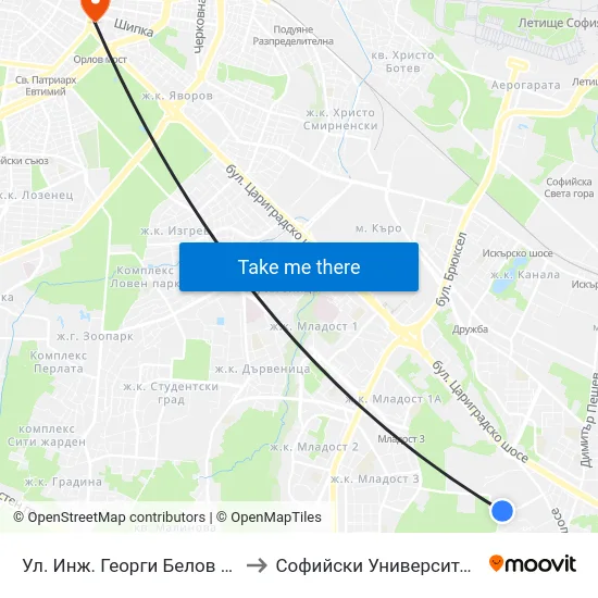 Ул. Инж. Георги Белов / Inzh. Georgi Belov St. (2590) to Софийски Университет “Св. Климент Охридски"" map