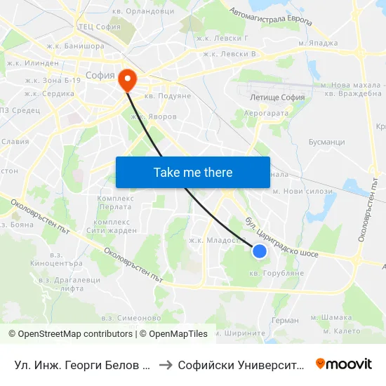 Ул. Инж. Георги Белов / Inzh. Georgi Belov St. (2591) to Софийски Университет “Св. Климент Охридски"" map