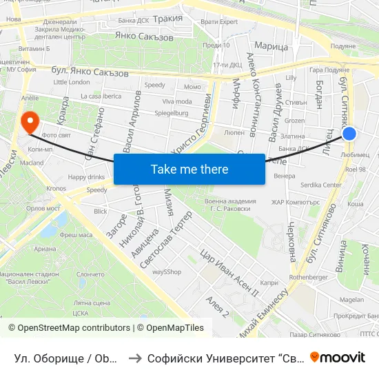Ул. Оборище / Oborishte St. (2072) to Софийски Университет “Св. Климент Охридски"" map