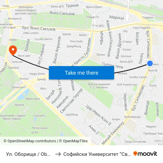 Ул. Оборище / Oborishte St. (2073) to Софийски Университет “Св. Климент Охридски"" map