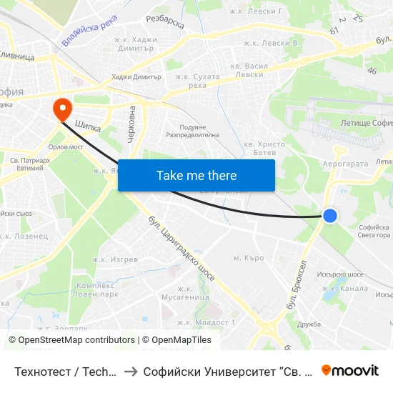 Технотест / Technotest (0089) to Софийски Университет “Св. Климент Охридски"" map