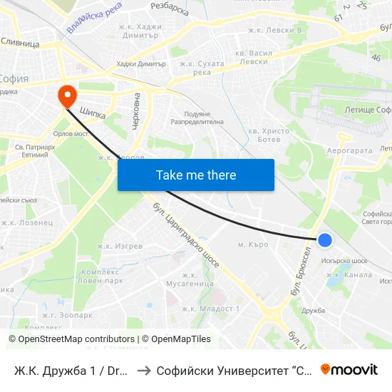 Ж.К. Дружба 1 / Druzhba 1 Qr. (0607) to Софийски Университет “Св. Климент Охридски"" map
