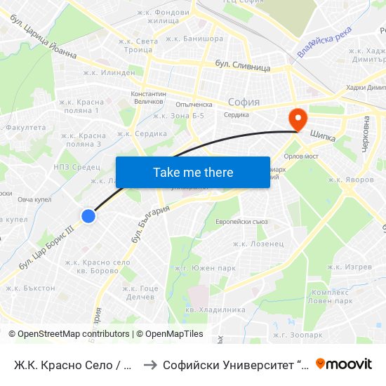 Ж.К. Красно Село / Krasno Selo Qr. (0638) to Софийски Университет “Св. Климент Охридски"" map
